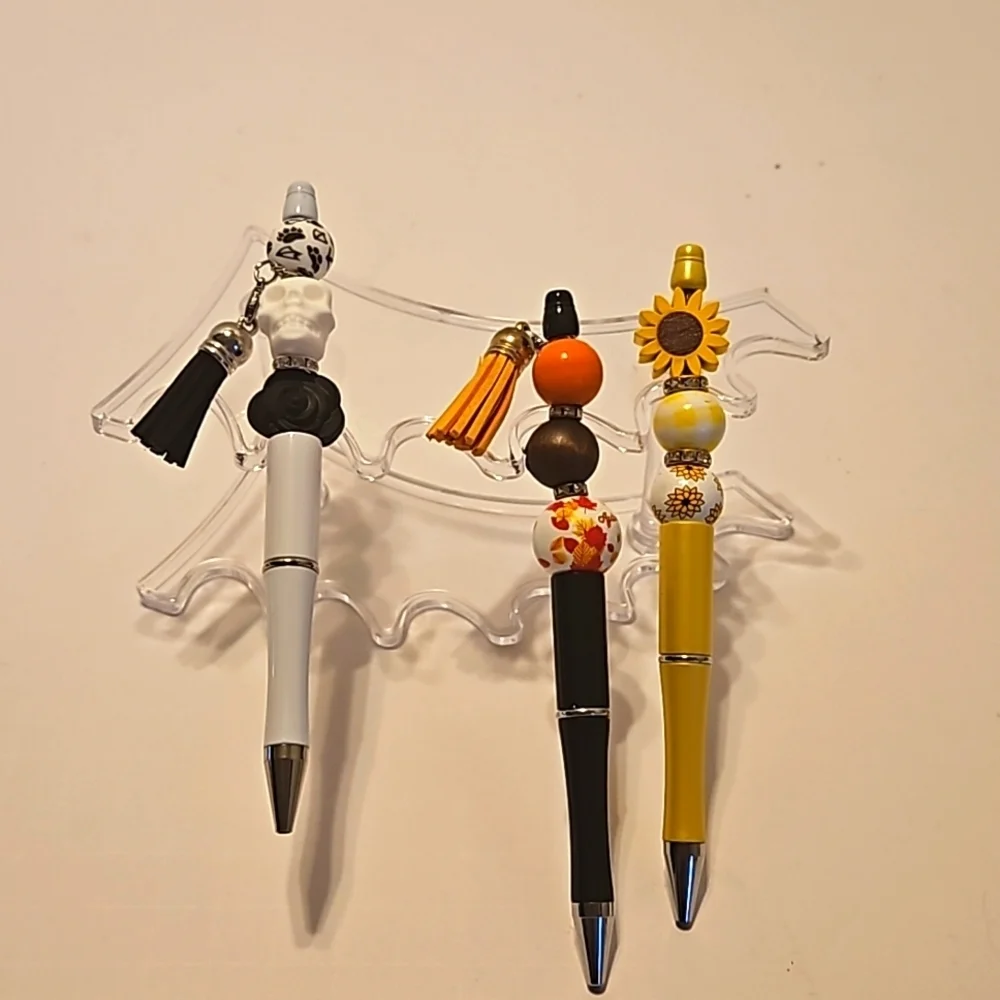 Hand Crafted beaded pens Set of 3 holiday motif handmade halloween fall floral